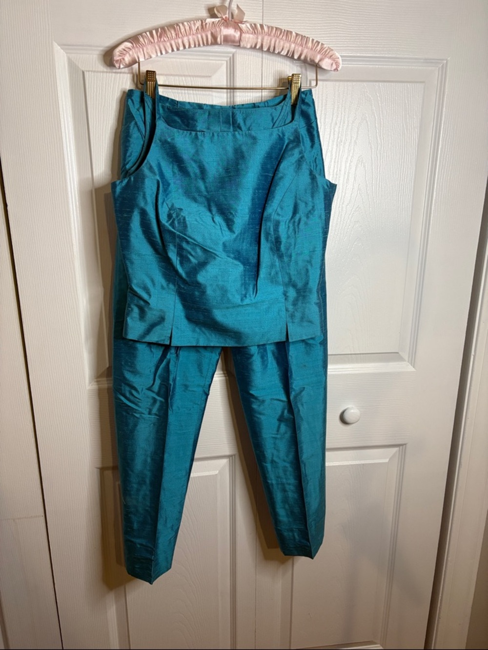 Carlisle Teal Satin Two-Piece Pantsuit - Sleeveless Top & Tapered Pants